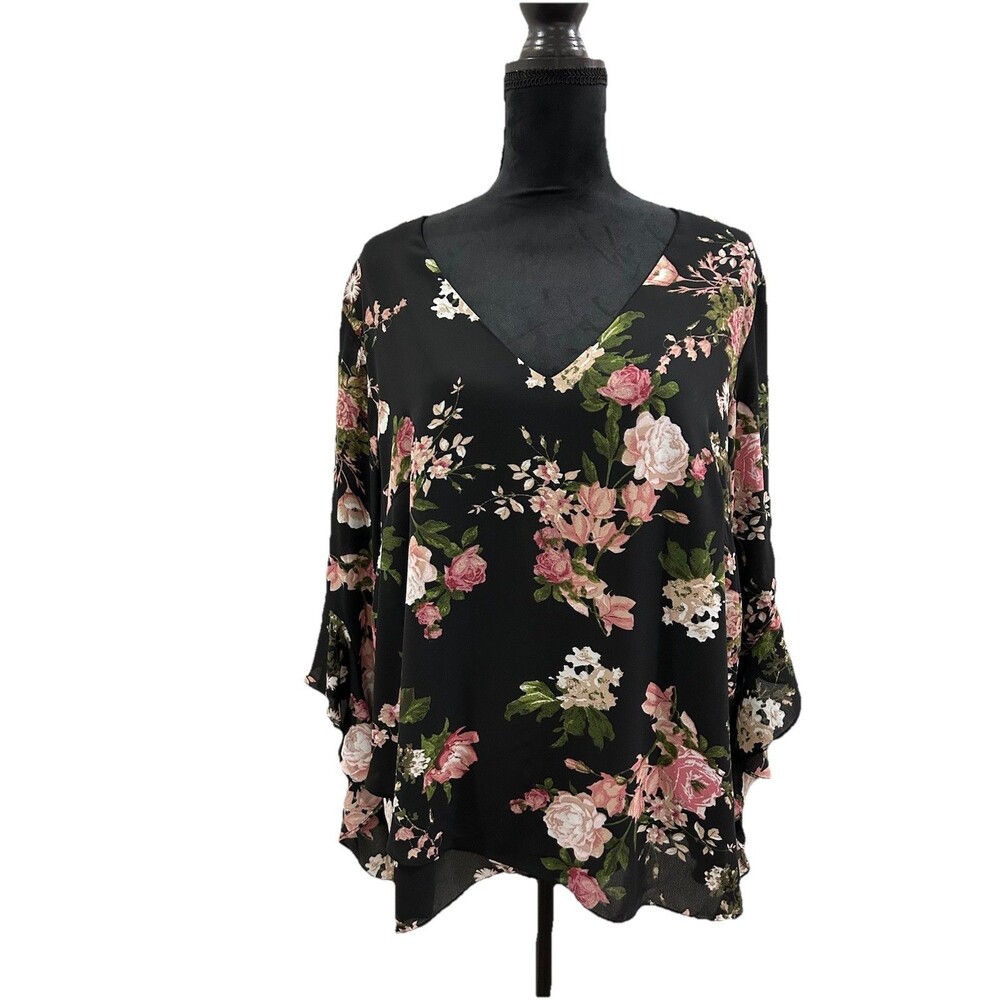 Tahari Womens Top Size 1X Black Floral  V Neck Long Sleeves
